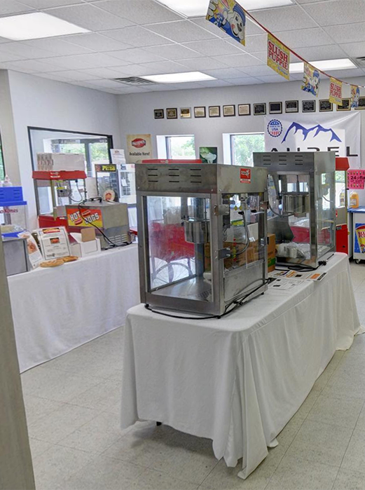 Popcorn machines displayed in Badger Popcorn showroom